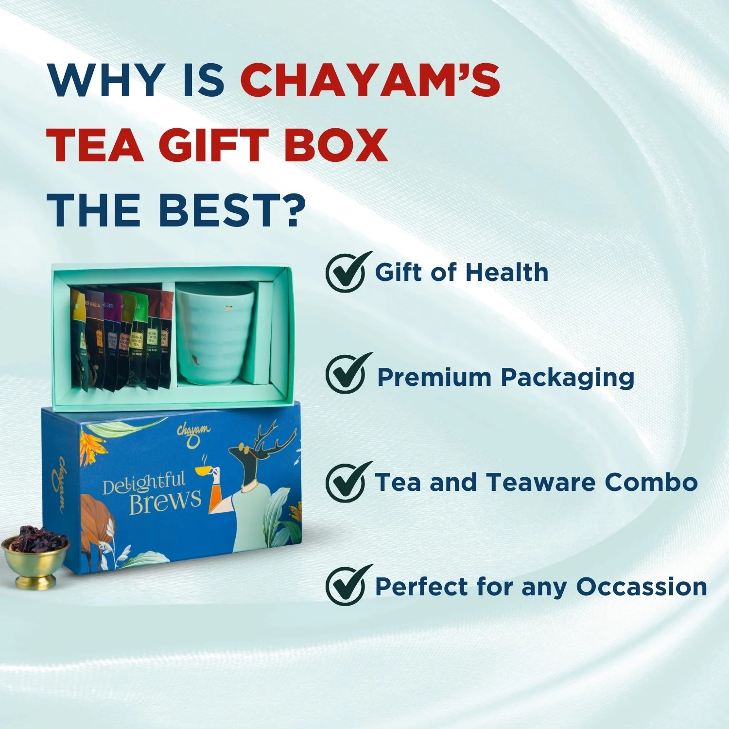 Chayam's tea gift box with promotional text on a light blue background