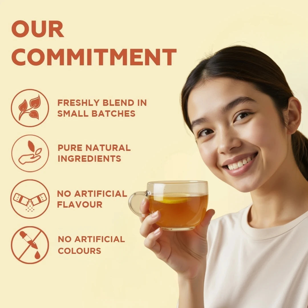 Woman holding a cup of tea with text about product commitment on a beige background