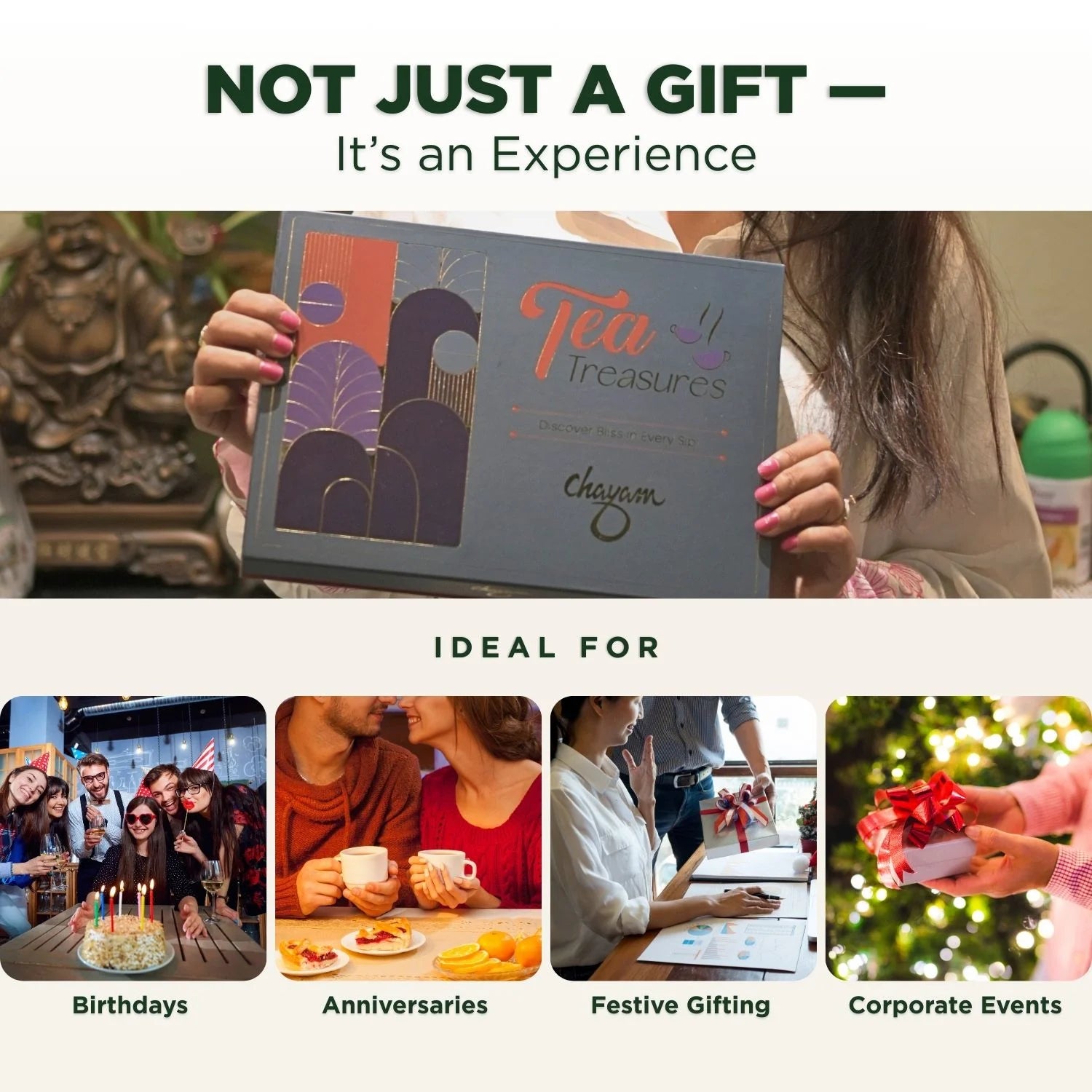 Promotional image for a gift card with text 'Not Just a Gift - It's an Experience' and various scenarios (birthdays, anniversaries, festive gifting and corporate events) it can be used for.