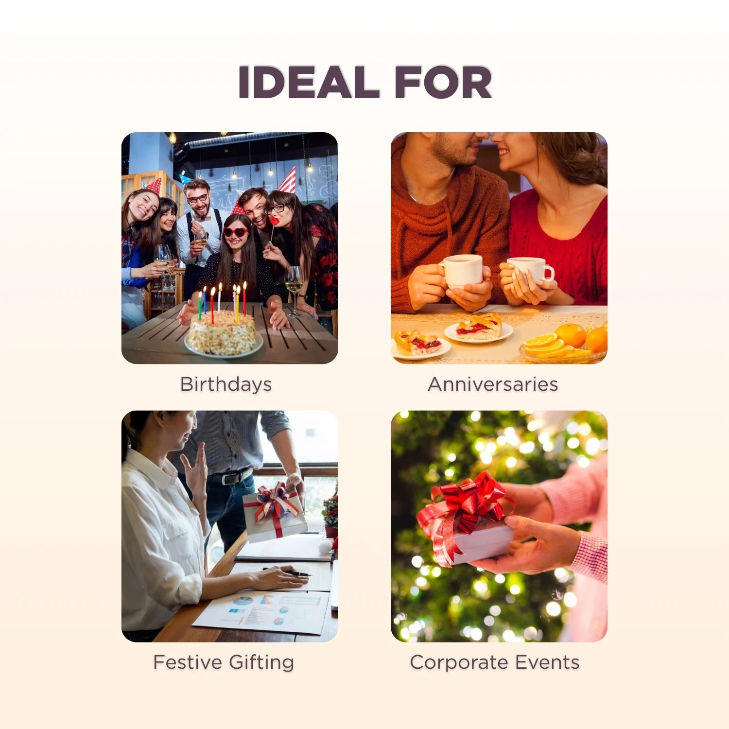 Promotional graphic showing scenarios for product use including birthdays, anniversaries, festive gifting, and corporate events.
