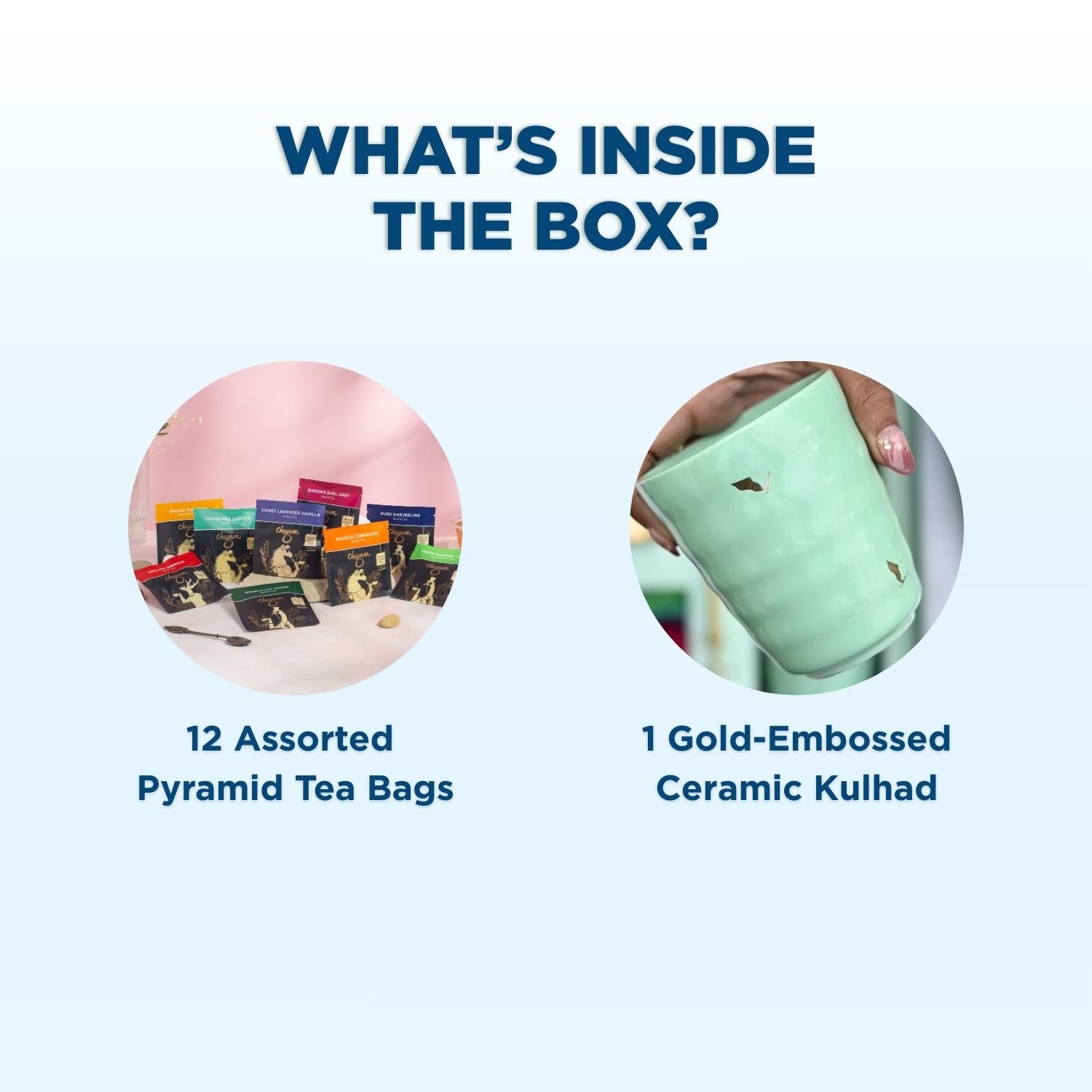Tea box contents with tea bags and a kulhad on a light blue background