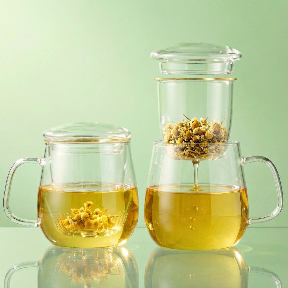 Clear glass teapot and mug with tea leaves on a green background