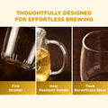 Glass tea set with features highlighted on a beige background