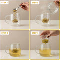 Step-by-step process of making a herbal tea with clear glass mugs and a spoon.