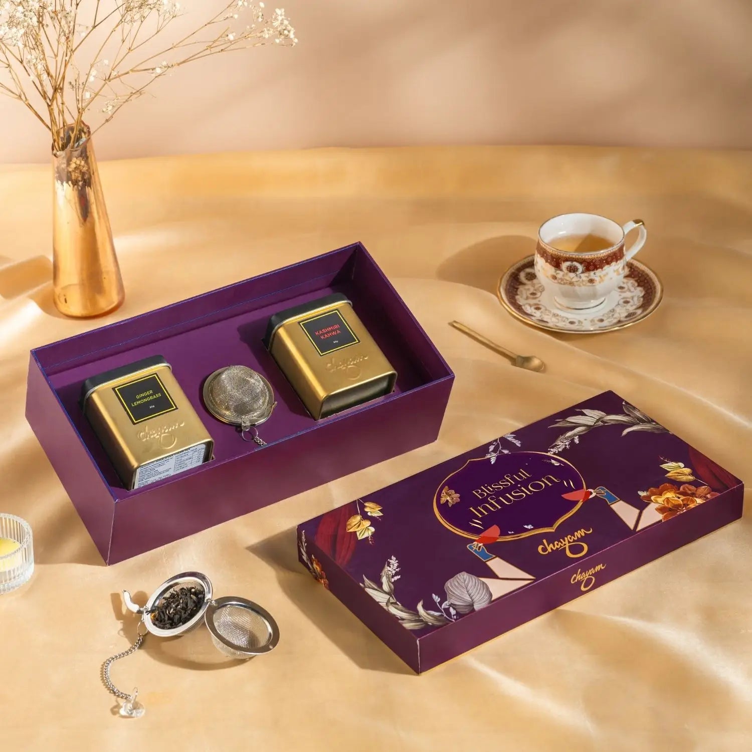 Blissful Infusion Gift Box | 2 Tea Tins & 1 Infuser | Thoughtful Diwali Gift