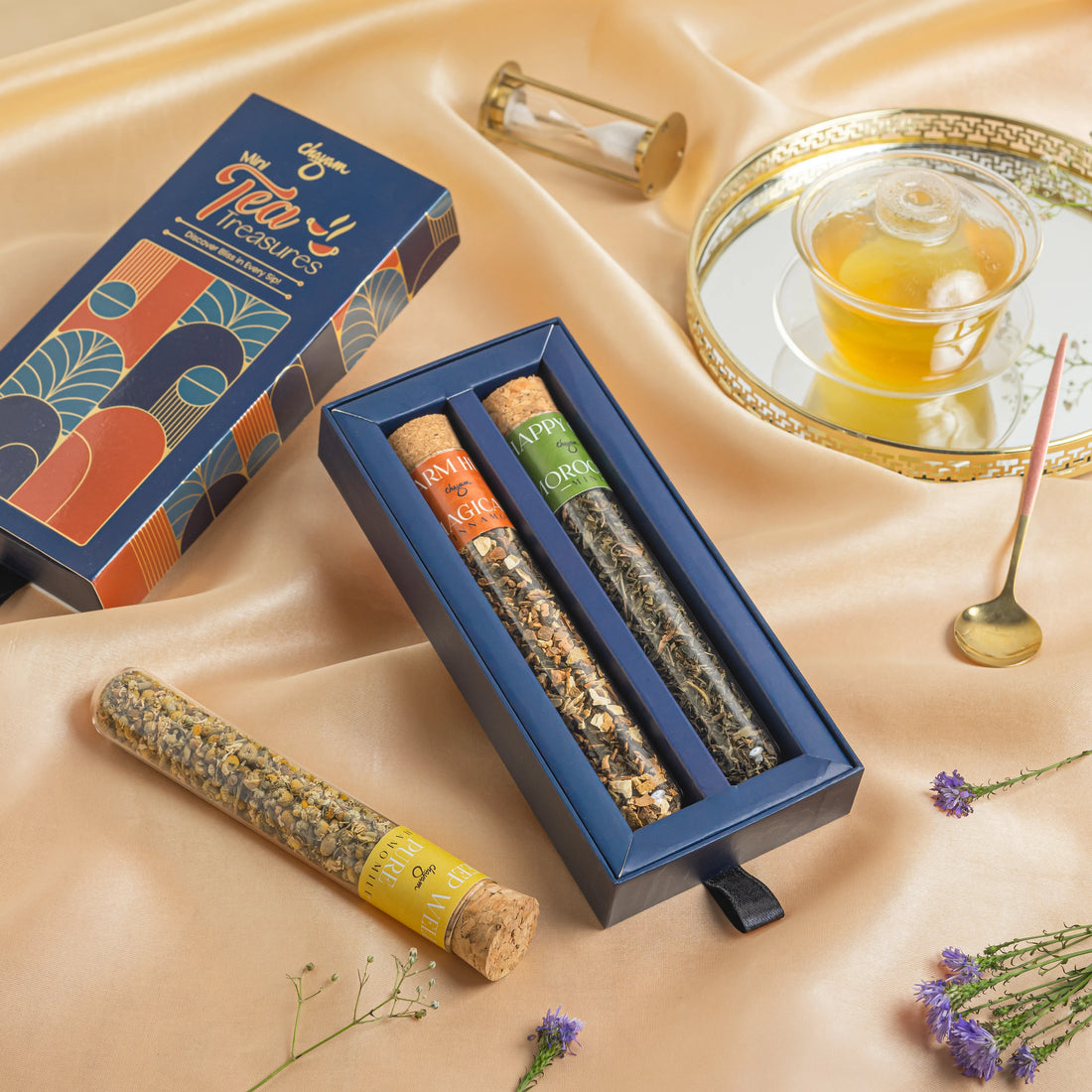 Mini Tea Treasures Gift Box – 2 Premium Loose Teas in Glass Tubes | Convenient Diwali Gift
