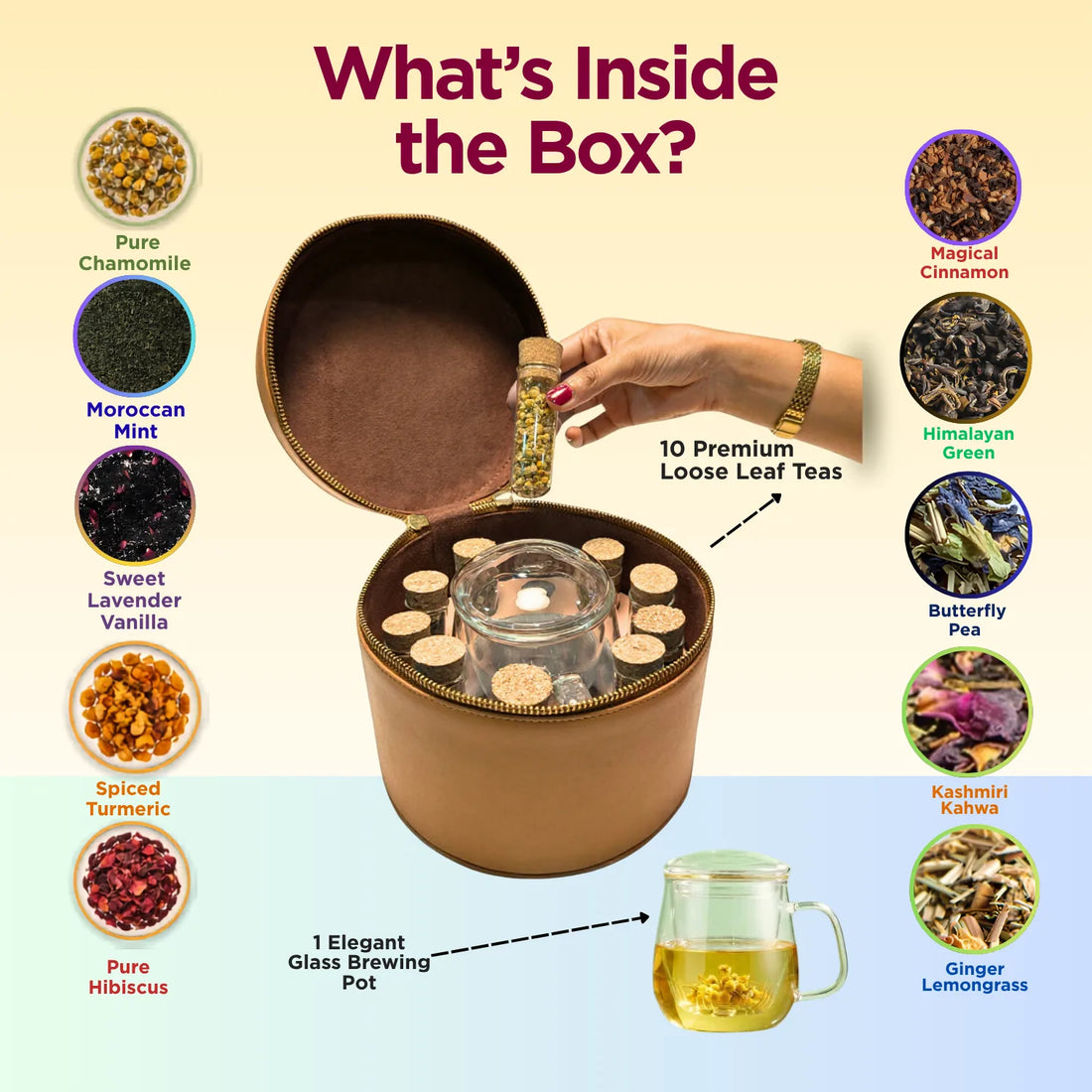 Tea Bouquet Gift Box: Leather Bag with 10 Assorted Tea Tubes & Glass Infusion Mug
