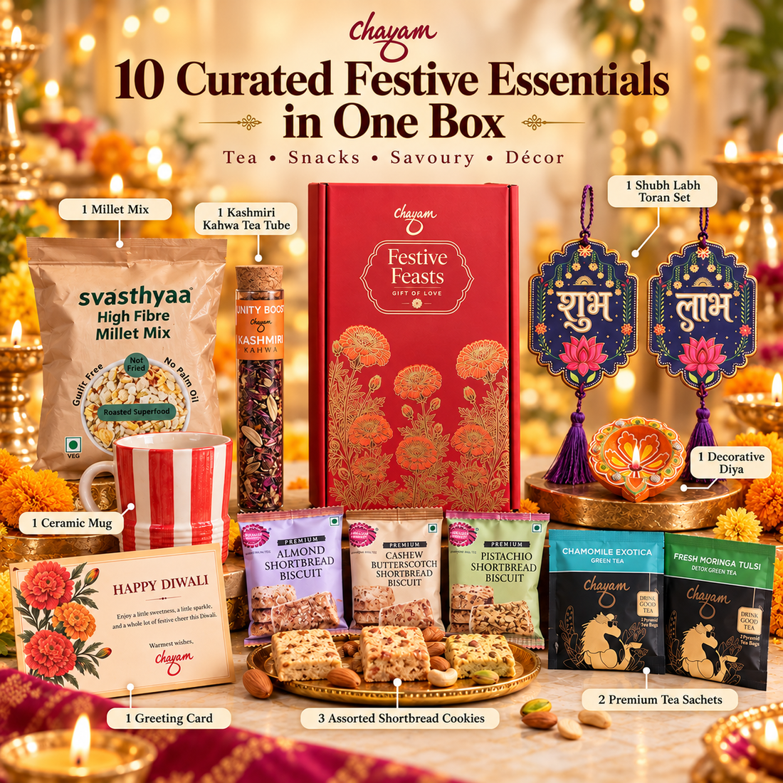 Festive Feasts Diwali gift box with tea, snacks, torans and a Happy Diwali card