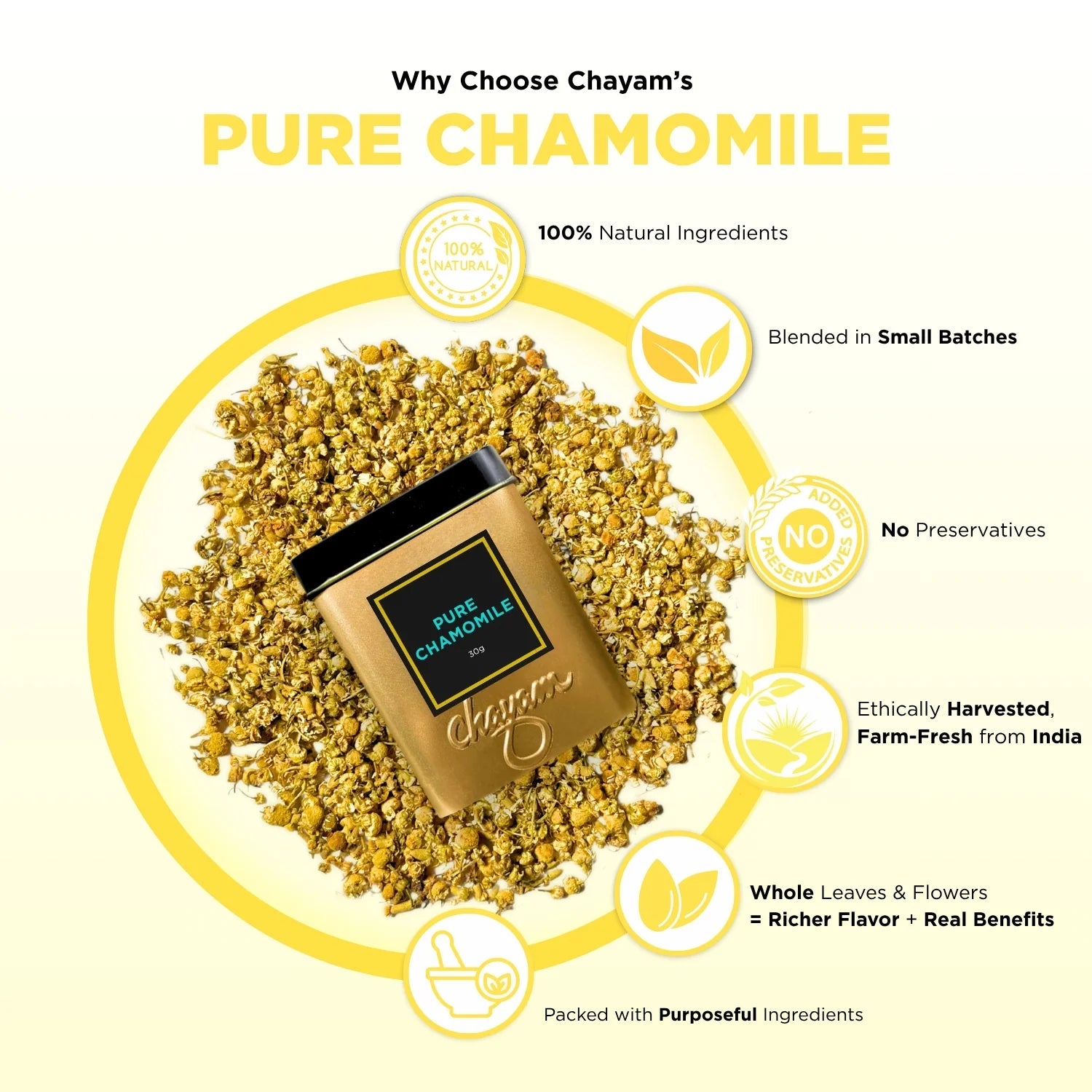 Chayam's Pure Chamomile product with health benefits listed on a white background