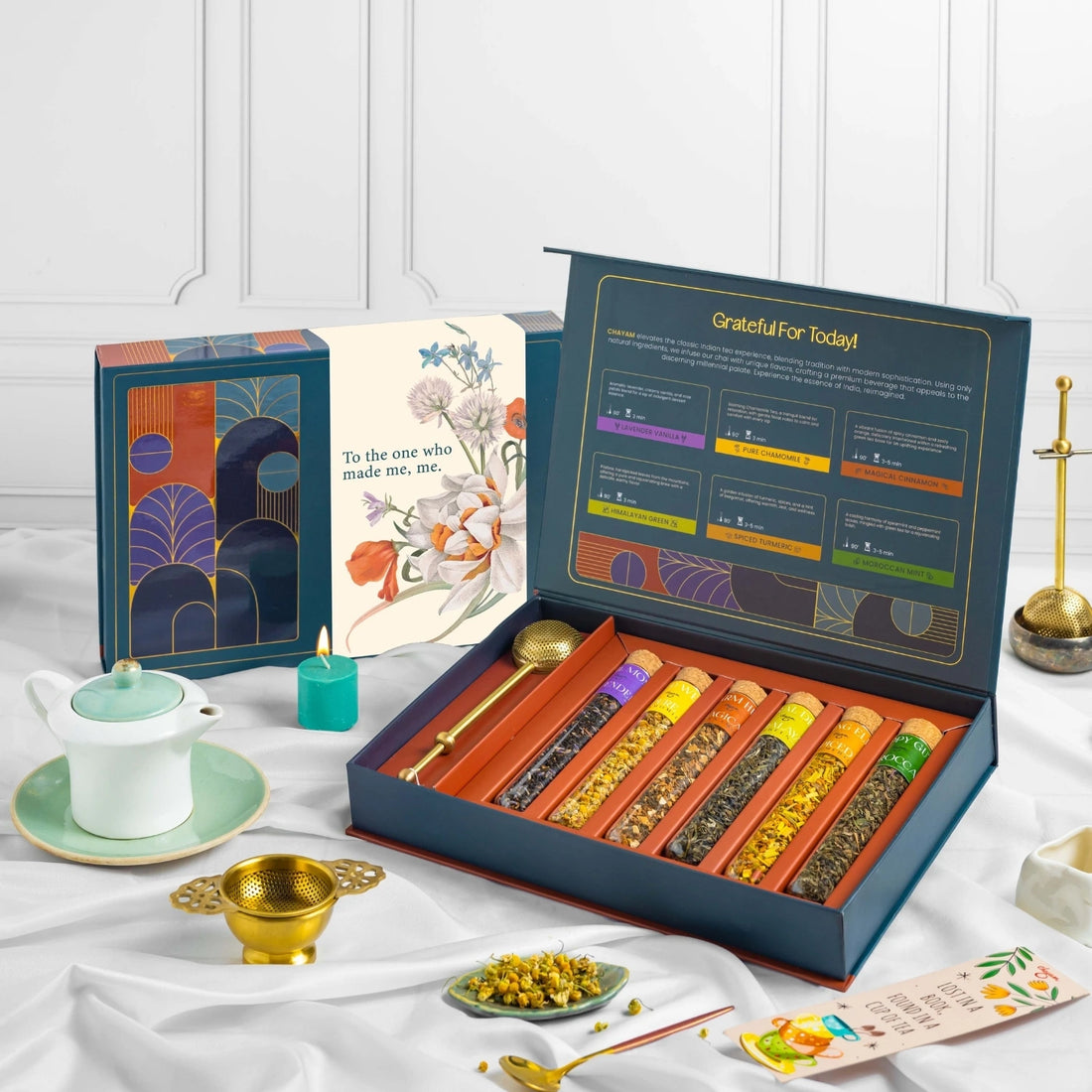 Mother's Day Gift Box: 6 Assorted Tea Tubes & Pure Brass Infuser