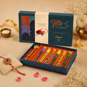 Rakhi Gift Box: Tea Treasures with 6 Tea Tubes & Brass Infuser