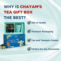 Chayam's tea gift box with promotional text on a light blue background