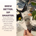 Tea being poured into a cup with text promoting loose-leaf brewing.