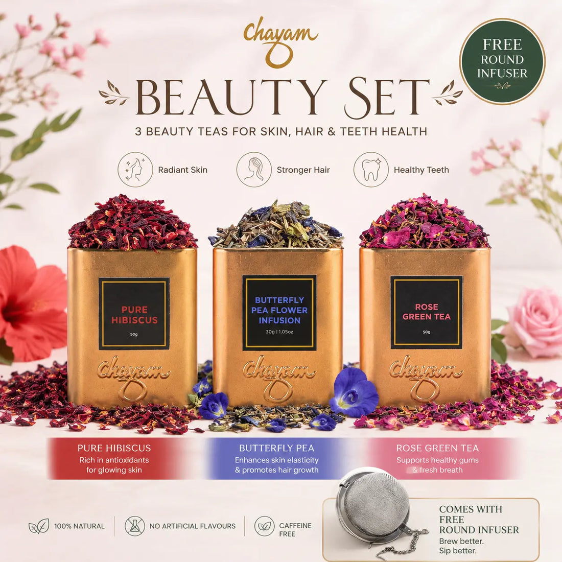 Chayam Beauty Set with three tea canisters and a round infuser on a decorative background.