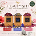 Chayam Beauty Set with three tea canisters and a round infuser on a decorative background.