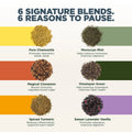 Chart of six signature tea blends (chamomile, mint, cinnamon, turmeric, lavender vanilla and green tea) with images and descriptions on a white background