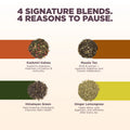 Tea blend advertisement with four signature blends (Kashmiri Kahwa, Ginger Lemongrass, Himalayan Green and Indian Masala) and their benefits.