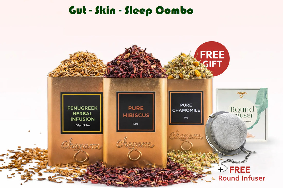 Three boxes of Chayam tea with dried herbs and a free round infuser on a white background.