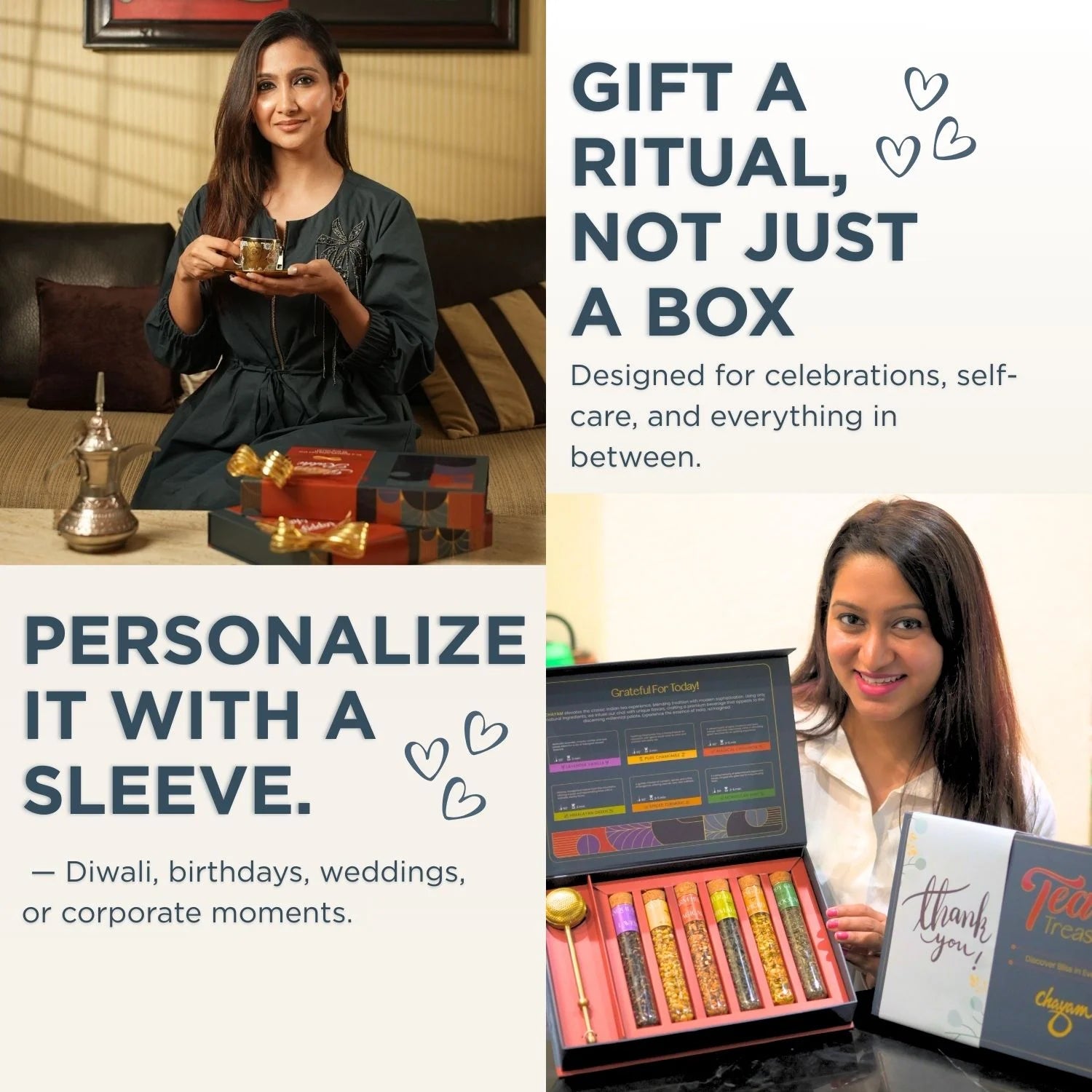 Promotional image with a woman holding a gift set and text about personalized gift experiences.