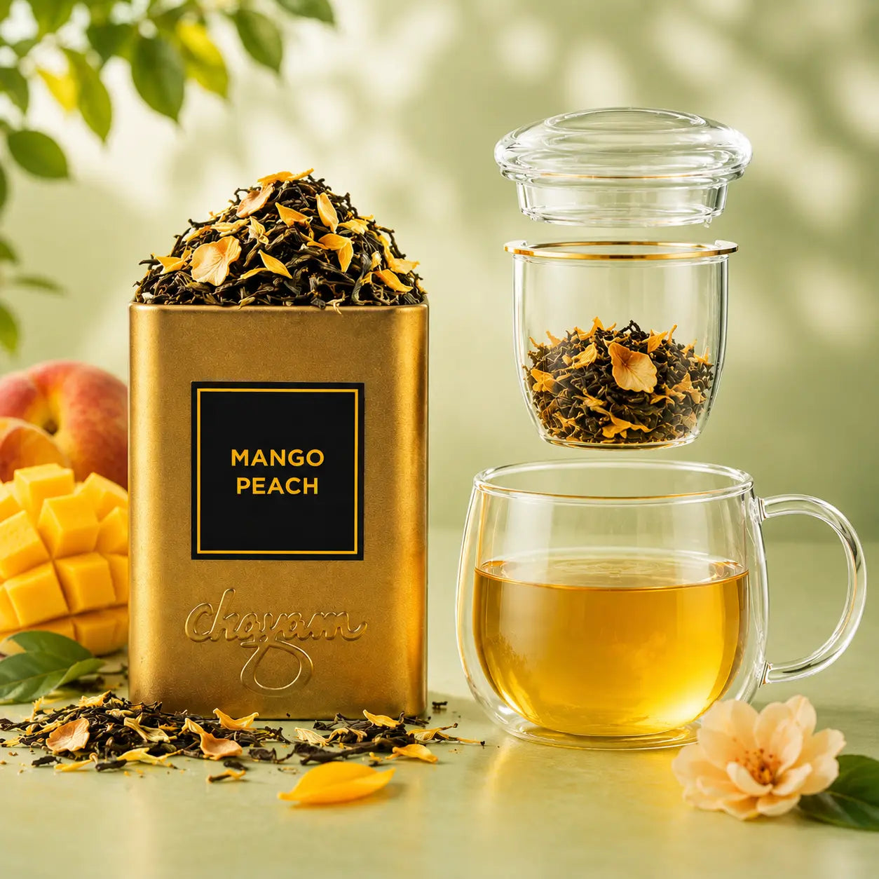Tea packaging with 'Mango Peach' flavor, a glass of tea, and tea leaves on a light green background.