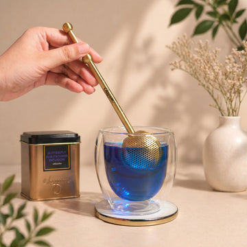 ROYAL BLUE Tea Set: Pure Brass Infuser, Butterfly Infusion and Double Walled Cup