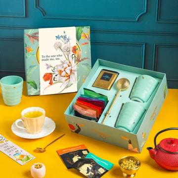 Mother's Day Gift Box: 2 Gold Embossed Cups, 1 Brass Infuser, 1 Butterfly Tea Tin, 10 Assorted Teabags