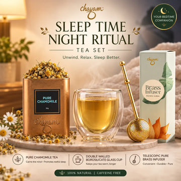 Bedtime Relax: Night Time Ritual Tea Set | Chamomile Flowers, Insulated Glass Cup, Brass Infuser