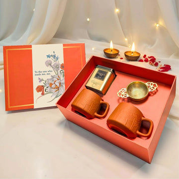 Mother's Day Gift Box: 2 Terracotta Cups, 1 Brass Strainer, 1 Kashmiri Kahwa Tin