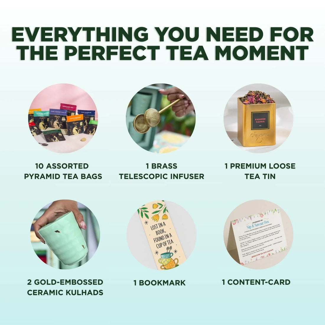 Mother's Day Gift Box: 2 Gold Embossed Cups, 1 Brass Infuser, 1 Butterfly Tea Tin, 10 Assorted Teabags