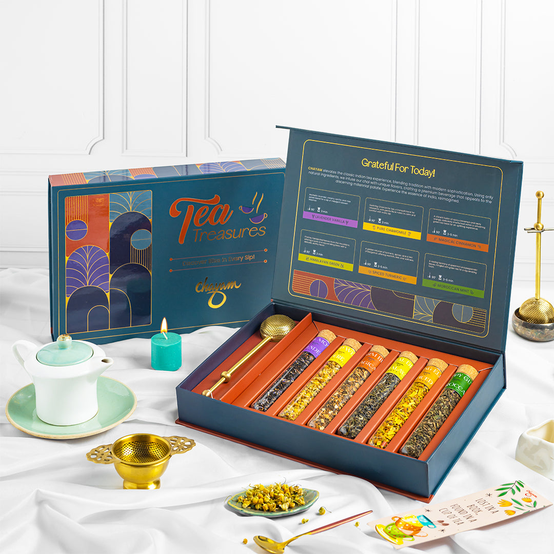 Tea Tubebox Tea Treasure Tea Gift Set – Luxurious 6 Tea Blends in Glass Tubes – CHAYAM